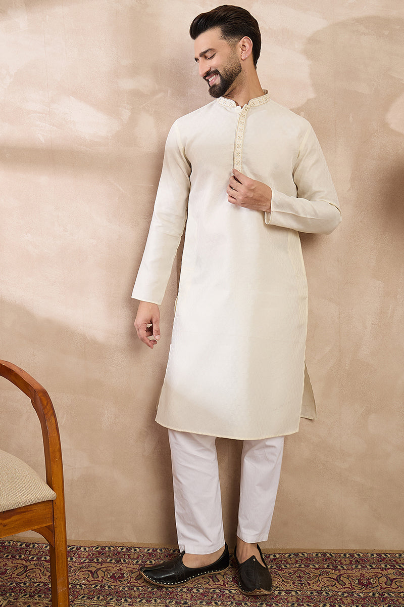 Off White Silk Blend Solid Woven Design Straight Kurta With Trouser | SHOBITAM