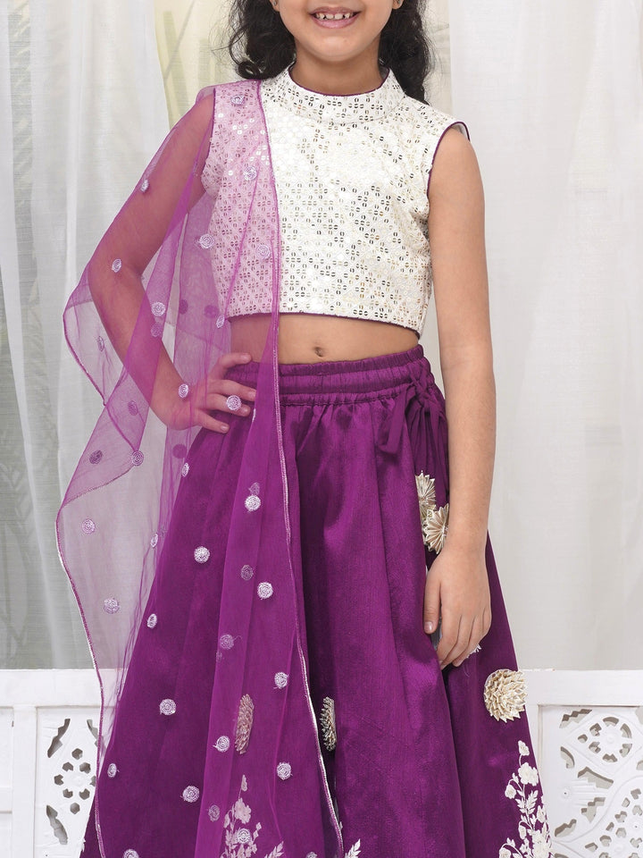 Girls Silk Brocade Kali Work Lehenga with Floral Thread Work & Sequin work Sleeveless Blouse with Dupatta - Purple | SHOBITAM
