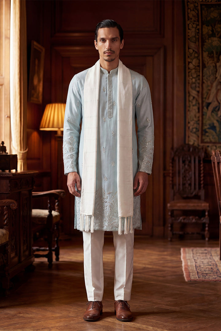 Men Blue Silk Blend Solid Embroidered Straight Kurta Sets  | SHOBITAM