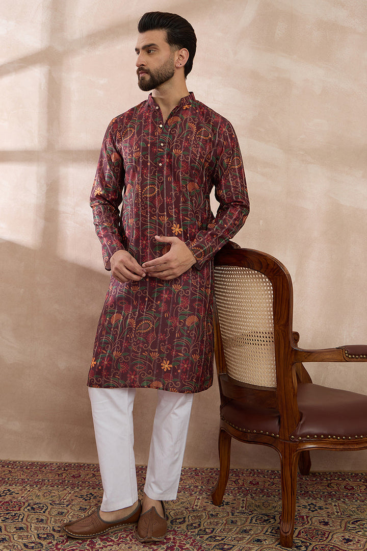 Maroon Silk Blend Printed Mandarin Collar Straight Kurta | SHOBITAM