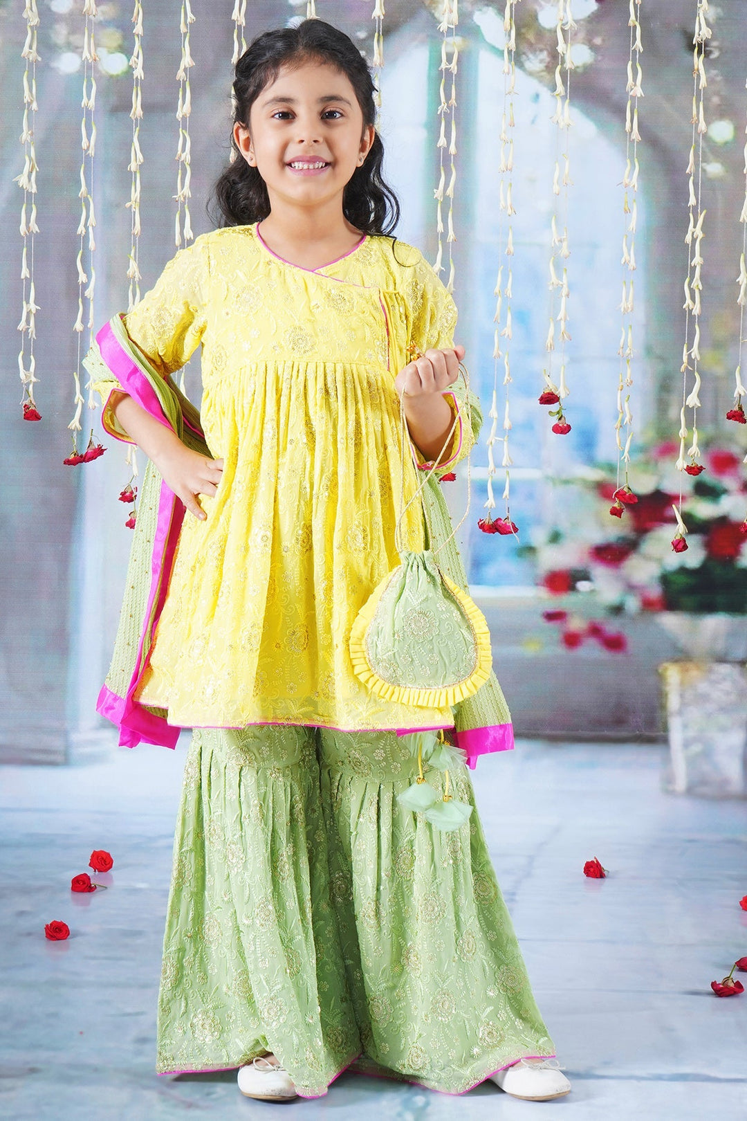 Girls Floral Embrodiery Angrakha Kurta with Sharara, Dupatta and Hand made Potli with Ghungroo work Tassel | SHOBITAM