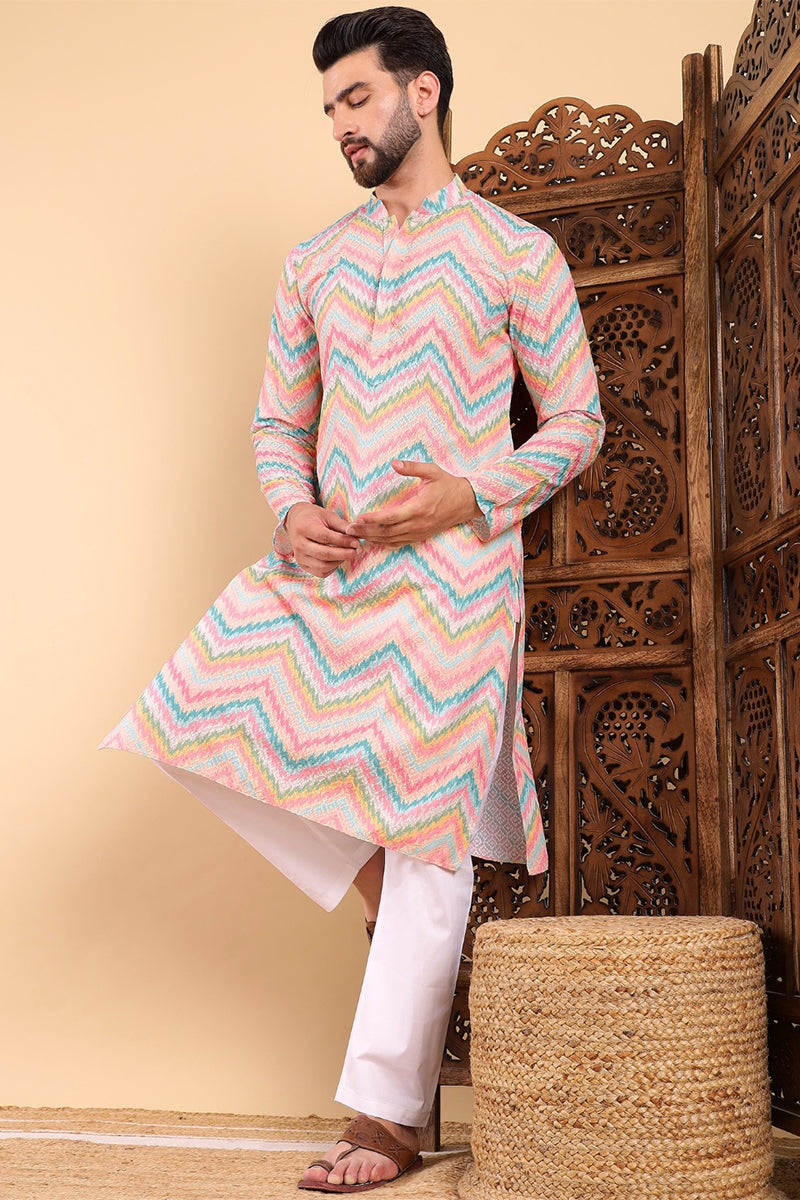 Teal Viscose Rayon Chevron Printed Straight Kurta with Trousers | SHOBITAM