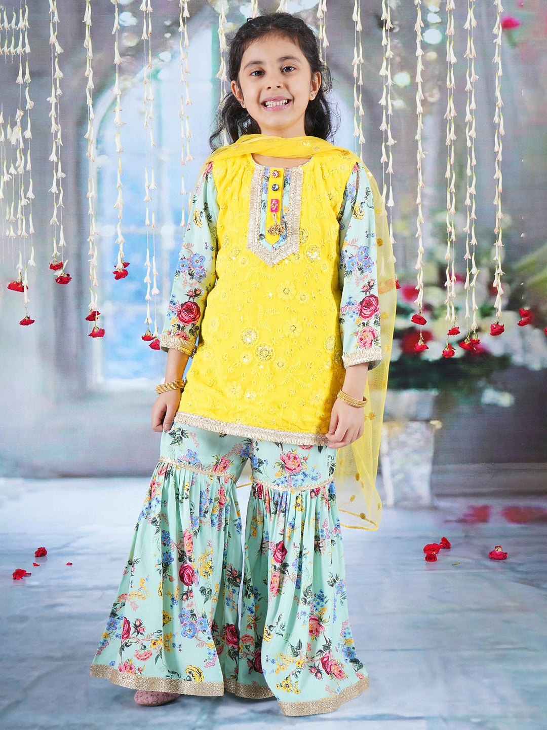 Rajasthani Floral Embroidery & Print Kurta Sharara - Yellow & Green | SHOBITAM