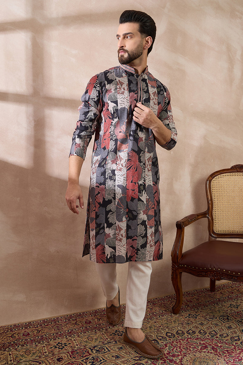 Black Silk Blend Printed Mandarin Collar Straight Kurta For Men | SHOBITAM