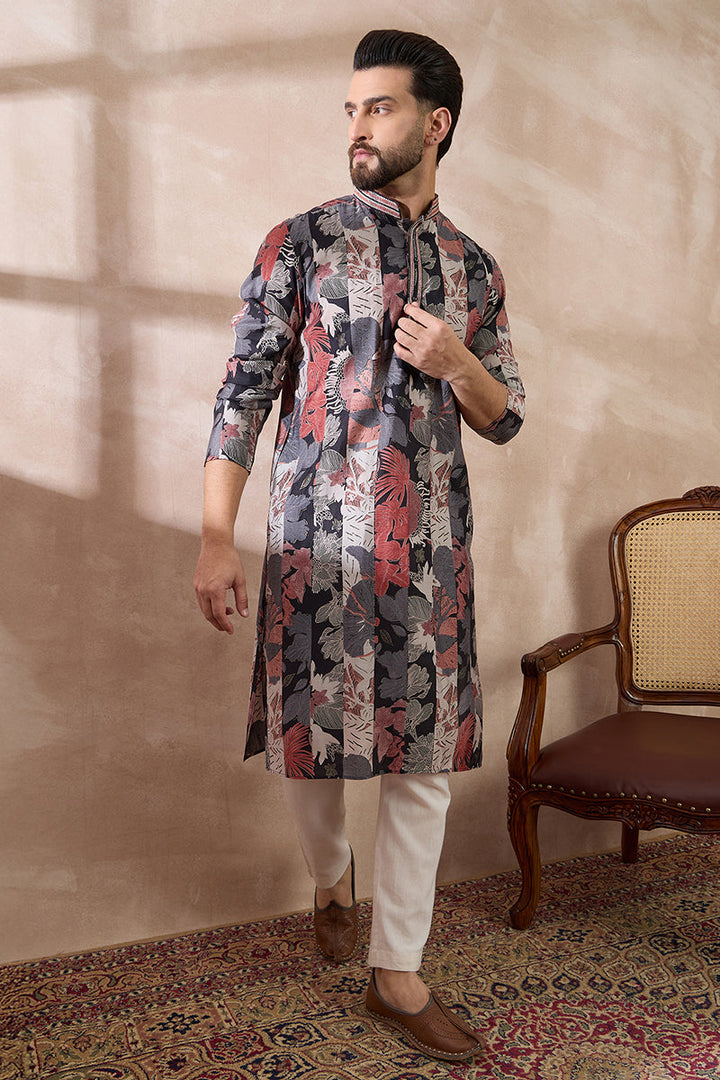 Black Silk Blend Printed Mandarin Collar Straight Kurta For Men | SHOBITAM