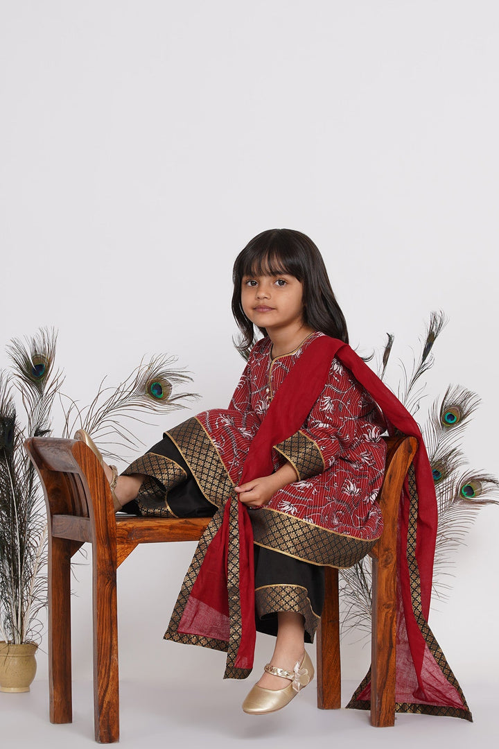 Girls Kantha work Lotus Print Long Maroon Kurta with Black Sharara and Dupatta | SHOBITAM