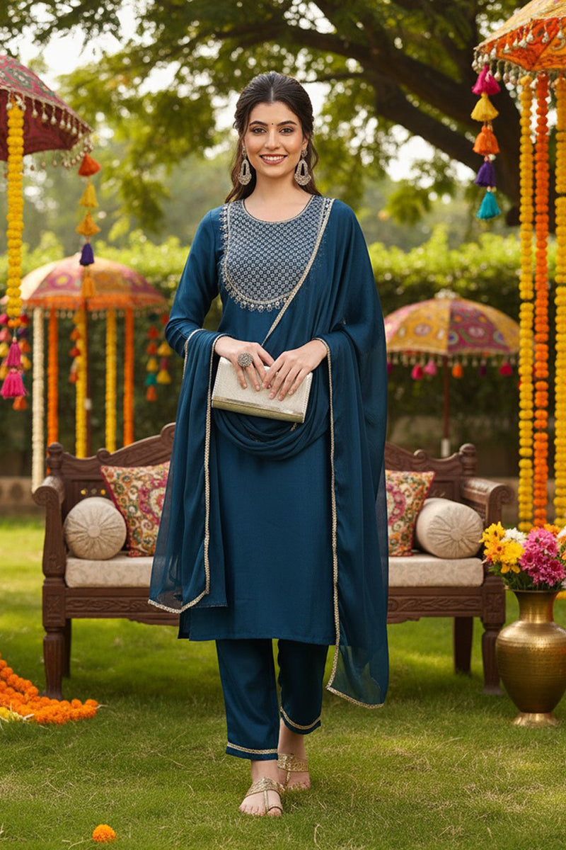 Silk Blend Teal Embroidered Straight Kurta Pant With Dupatta  | SHOBITAM