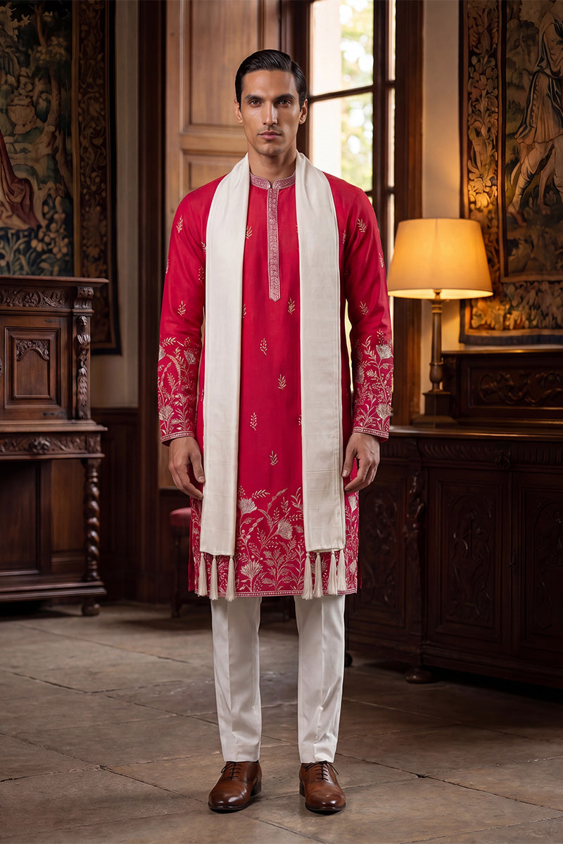 Men Pink Silk Blend Solid Embroidered Straight Kurta Trouser with Dupatta  | SHOBITAM