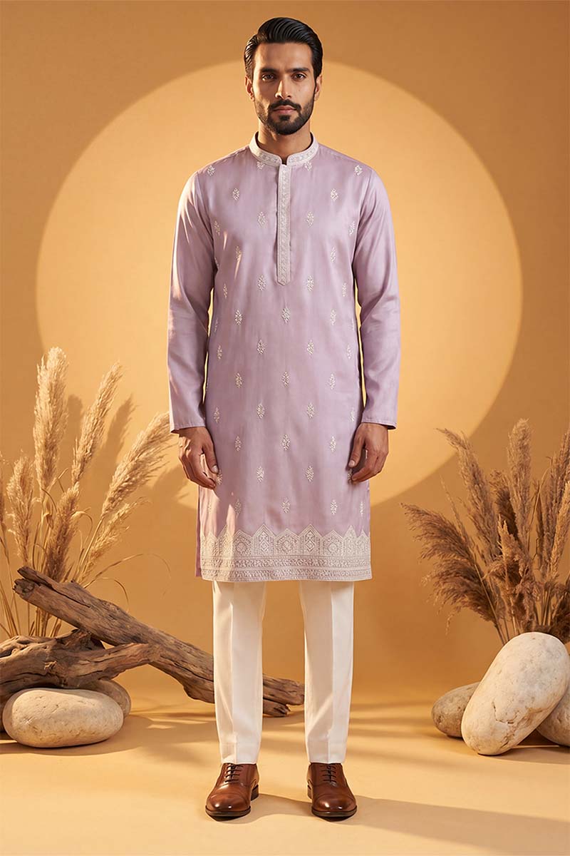 Mens Lavender Silk Blend Solid Embroidered Kurta With Trousers | SHOBITAM