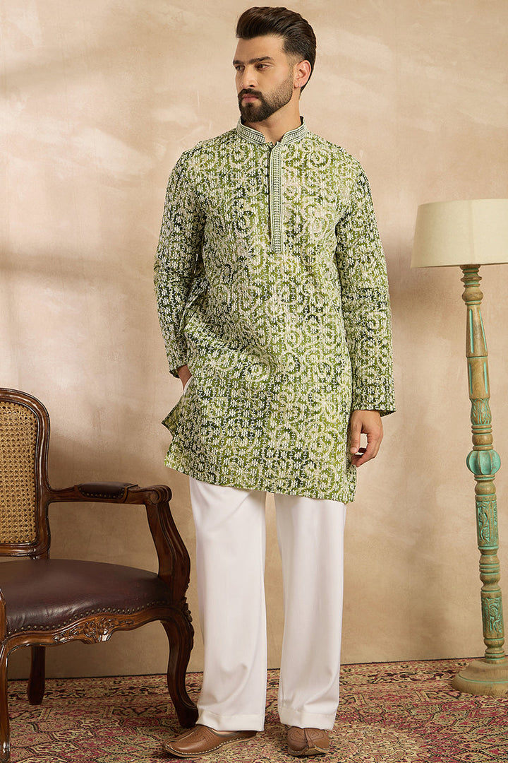 Green Viscose Rayon Batik Embroidered Straight Kurta With Trouser | SHOBITAM