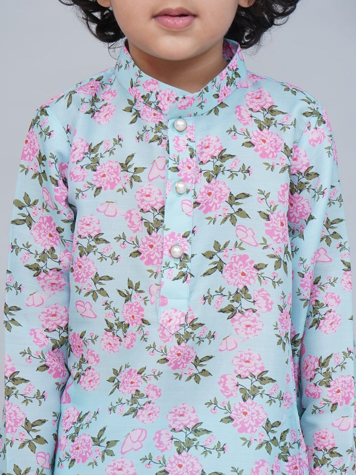 Boys Blue Muslin Floral Butterfly Dhoti Kurta Set  | SHOBITAM