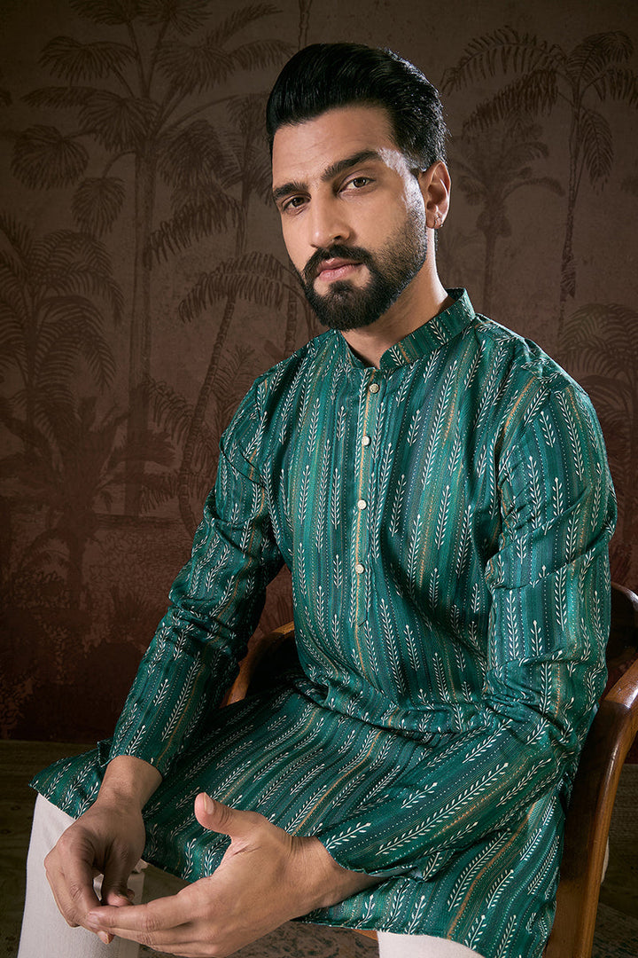 Turquoise Blue Silk Blend Floral Printed Straight Kurta For Men | SHOBITAM