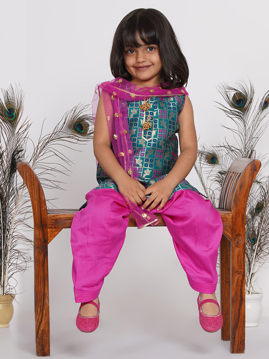 Girls Banarsi Kurta with Salwar and Dupatta - Peacock Green and Rani | SHOBITAM