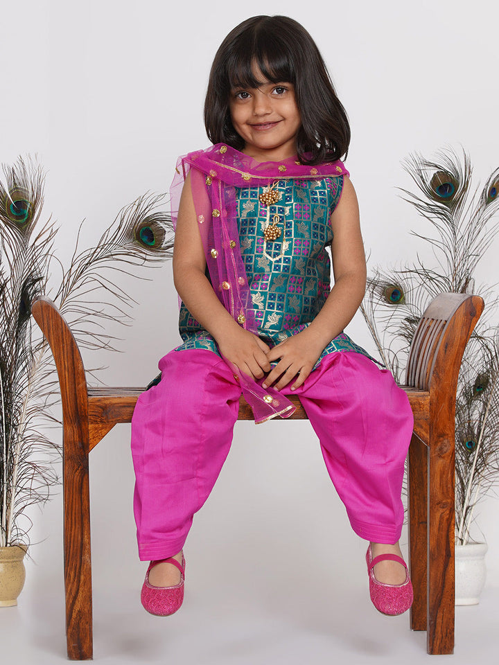 Girls Banarsi Kurta with Salwar and Dupatta - Peacock Green and Rani | SHOBITAM