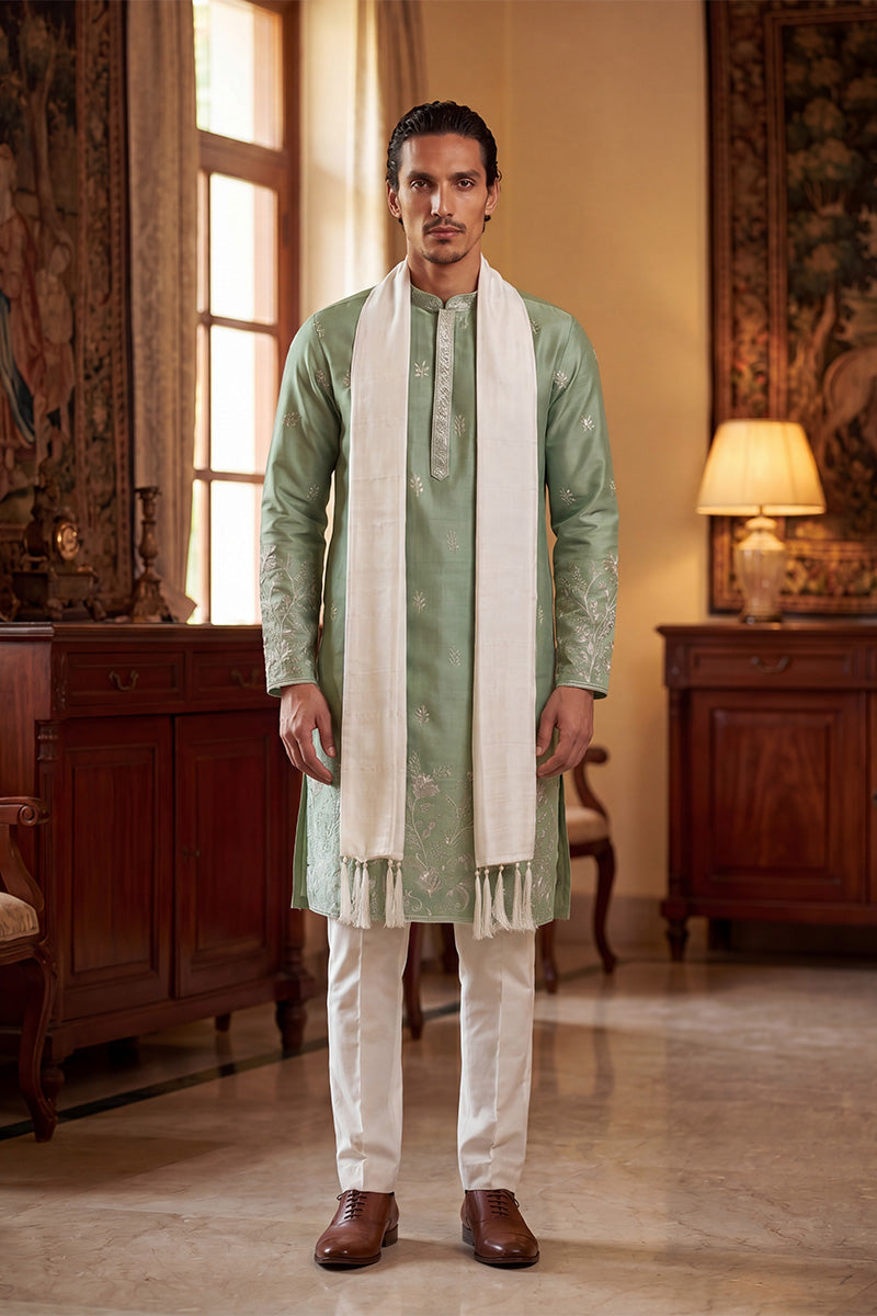 Men Green Silk Blend Solid Embroidered Straight Kurta Sets  | SHOBITAM