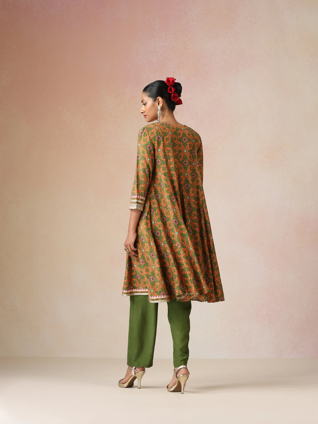 Dark Green Orange Jaal Print Viscose Flared Kurta Co-ord Set | SHOBITAM