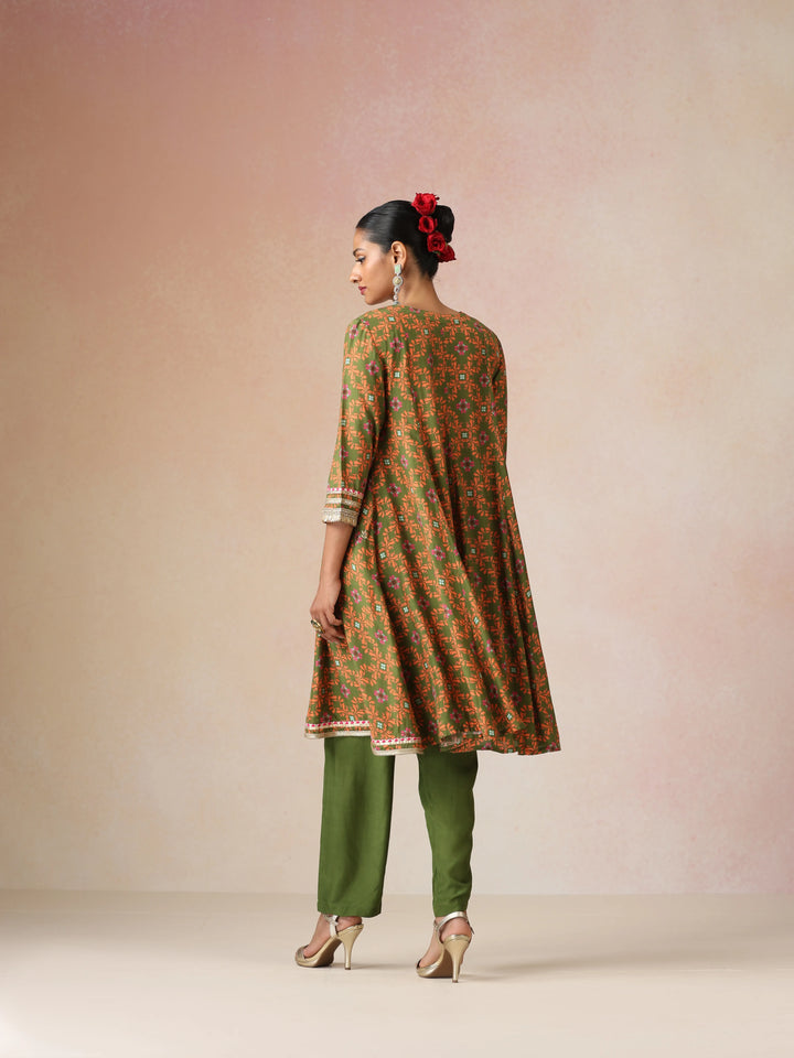 Dark Green Orange Jaal Print Viscose Flared Kurta Co-ord Set | SHOBITAM