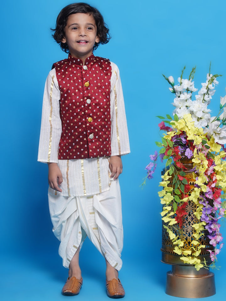 Chand Sitare Nehru Jacket with Cotton Dhoti Kurta - Cream & Maroon | SHOBITAM