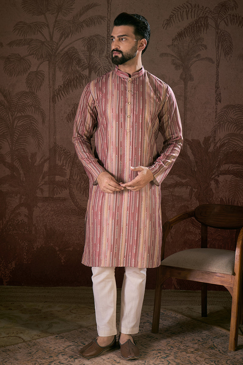 Mauve Silk Blend Floral Printed Straight Kurta For Men | SHOBITAM