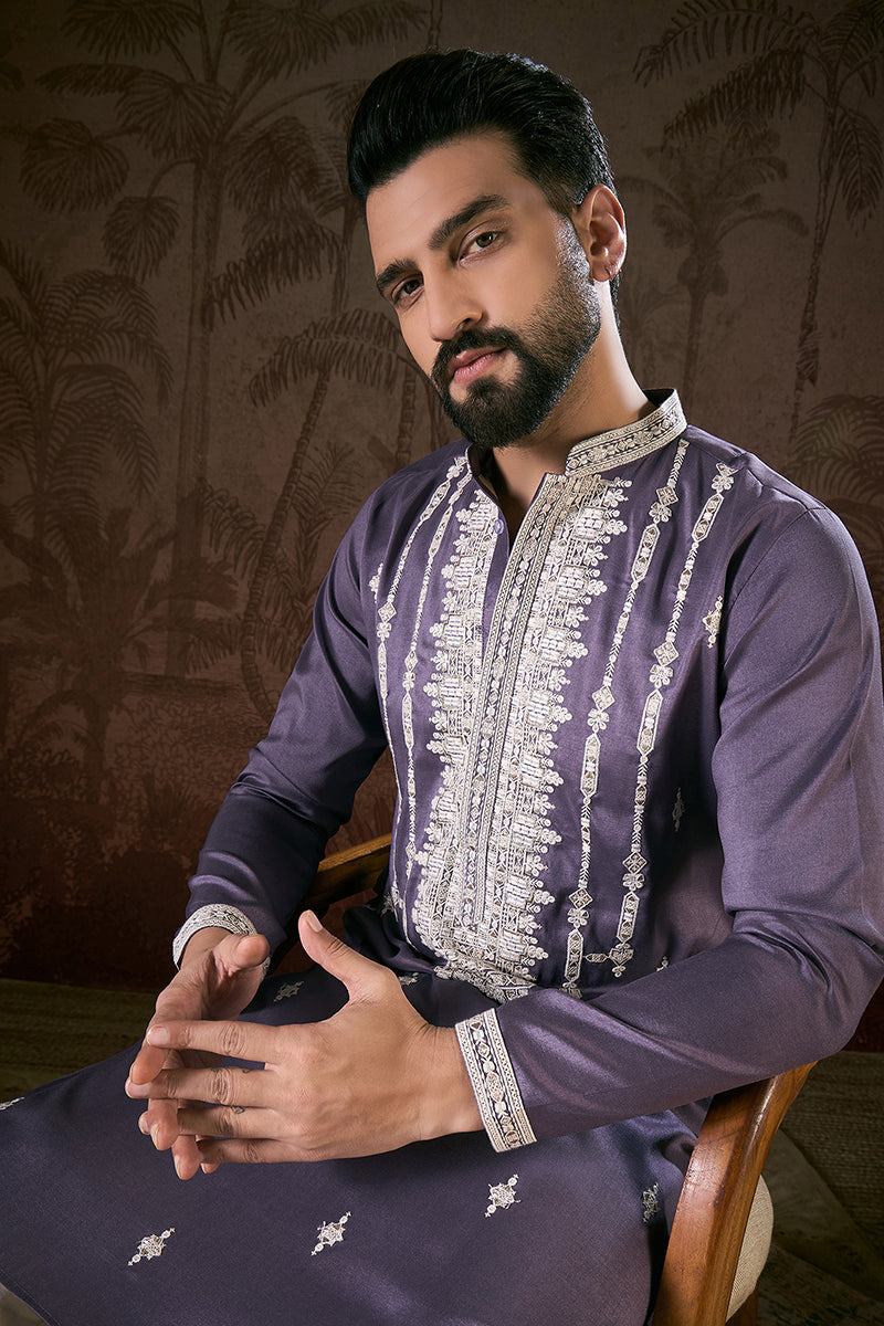 Lavender Silk Blend Solid Embroidered Straight Kurta | SHOBITAM