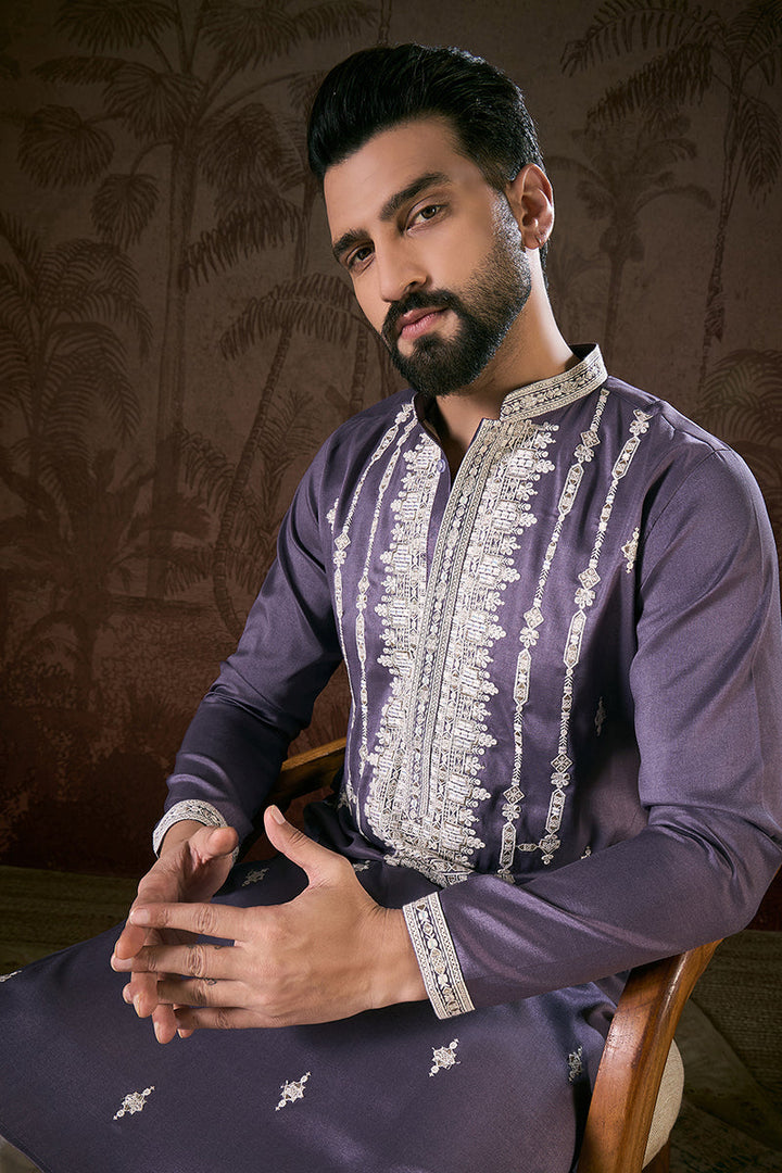 Lavender Silk Blend Solid Embroidered Straight Kurta | SHOBITAM