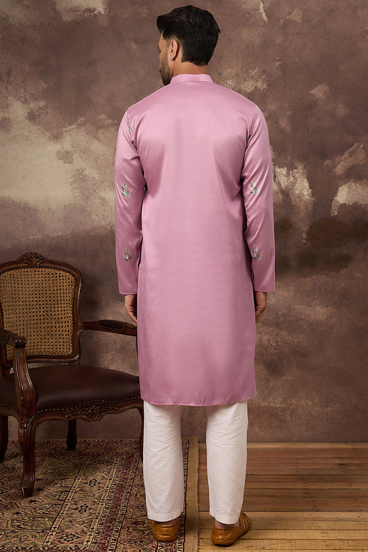 Pink Silk Blend Solid Embroidered Straight Kurta with Trouser | SHOBITAM