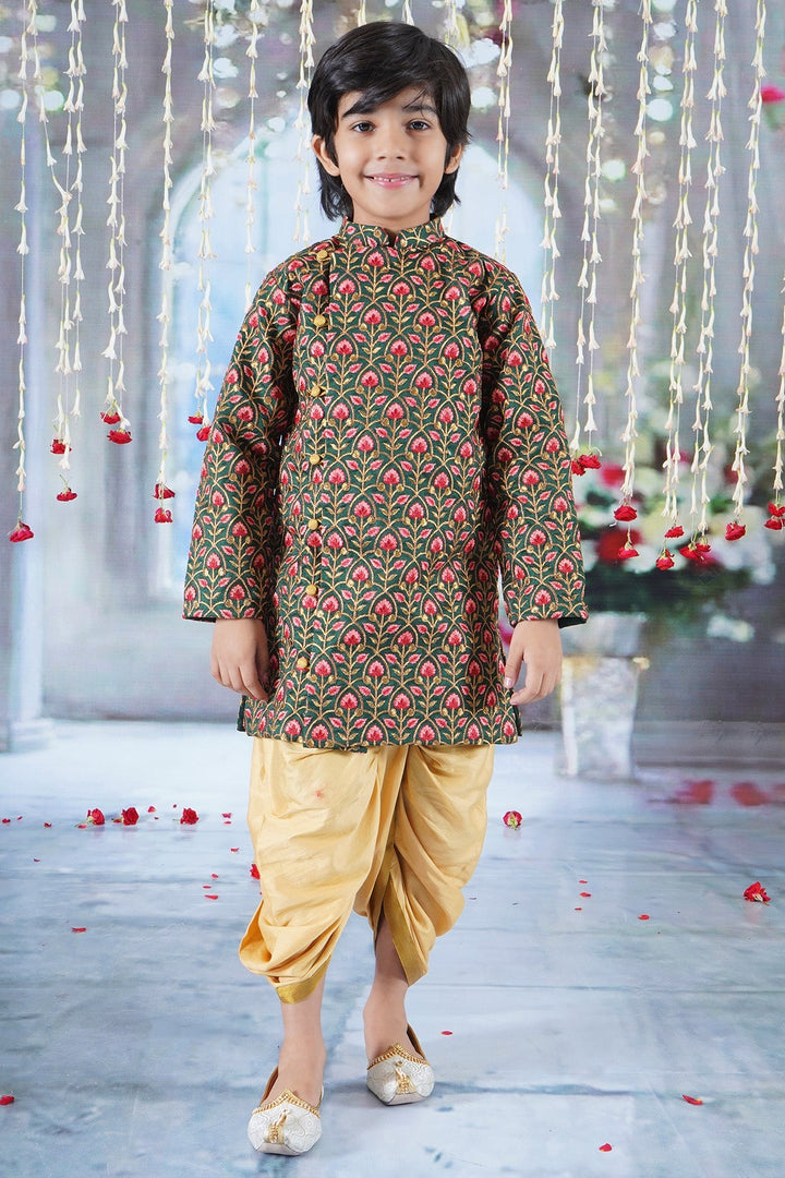 Boys Bageecha Floral Thread work Angrakha Sherwani with Beige Silk Dhoti in Green | SHOBITAM