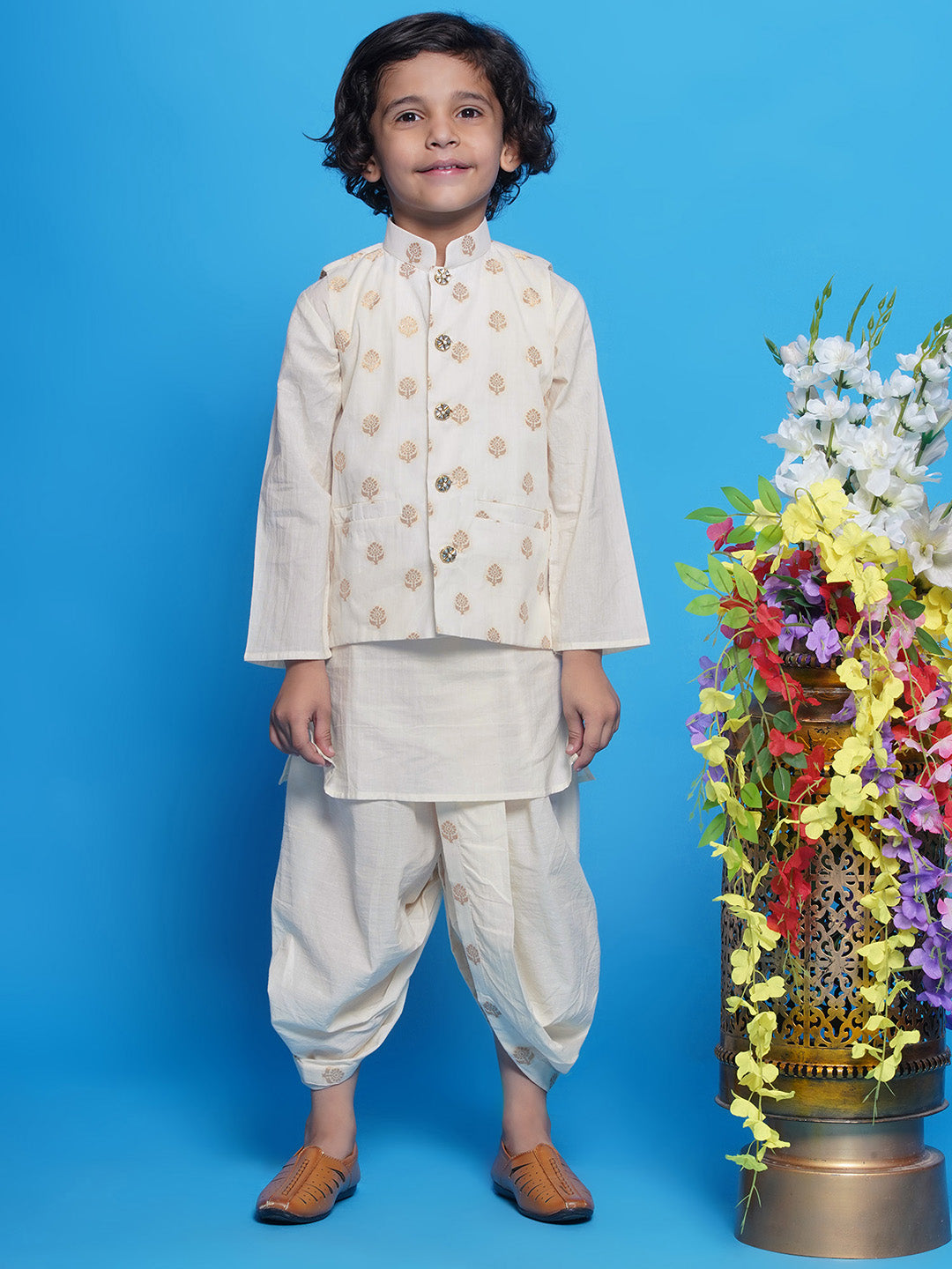 Cotton Sleevelees Golden Floral Embrodiery Nehru Jacket with Kurta and Dhoti - Cream | SHOBITAM
