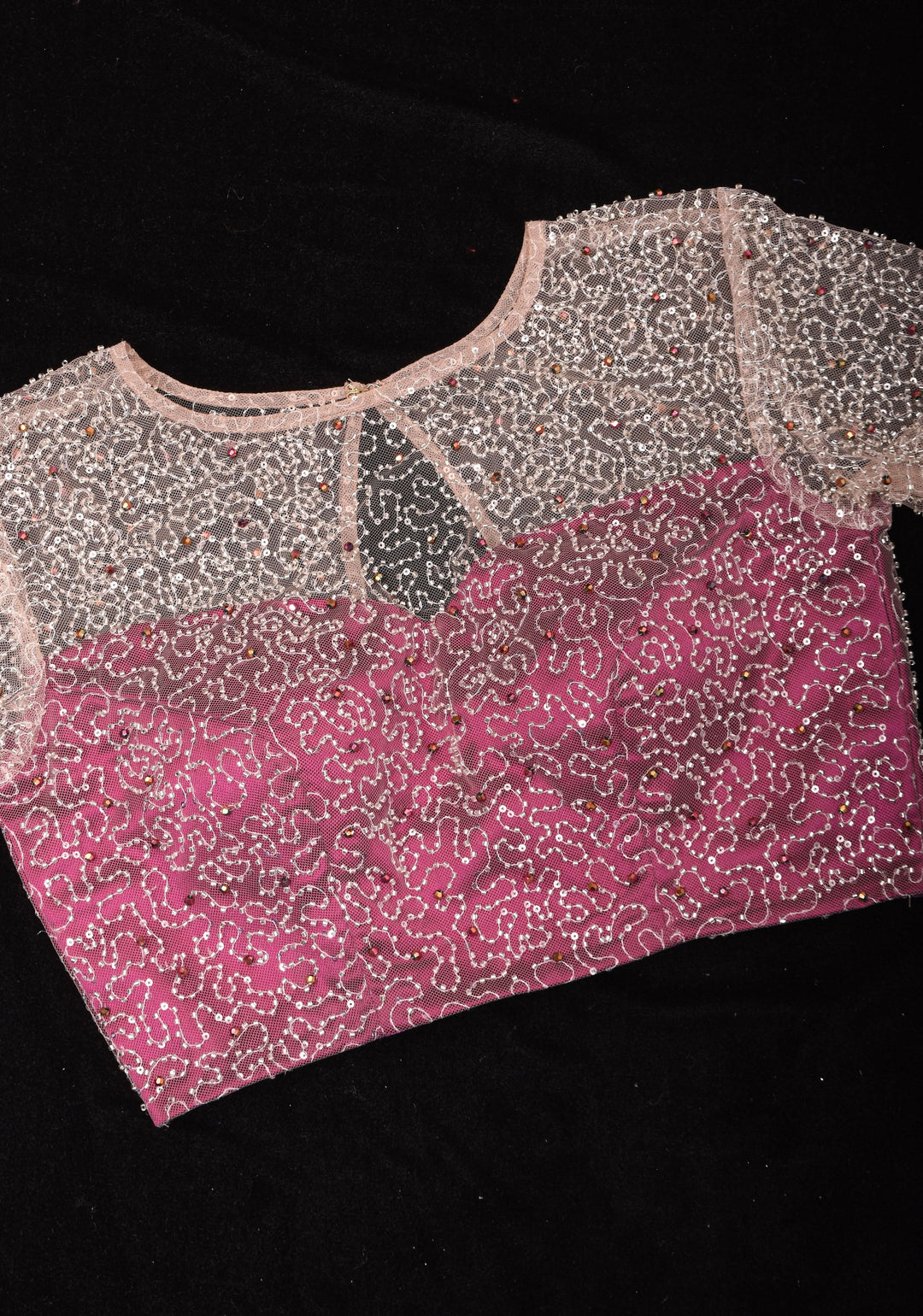 Illusion Neck Blouse with 3/4th sleeves with Heavy Cutdana and Sequins in Ivory and Plum, Made to Order
