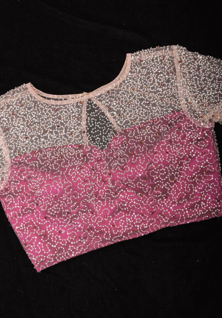 Illusion Neck Blouse with 3/4th sleeves with Heavy Cutdana and Sequins in Ivory and Plum, Made to Order