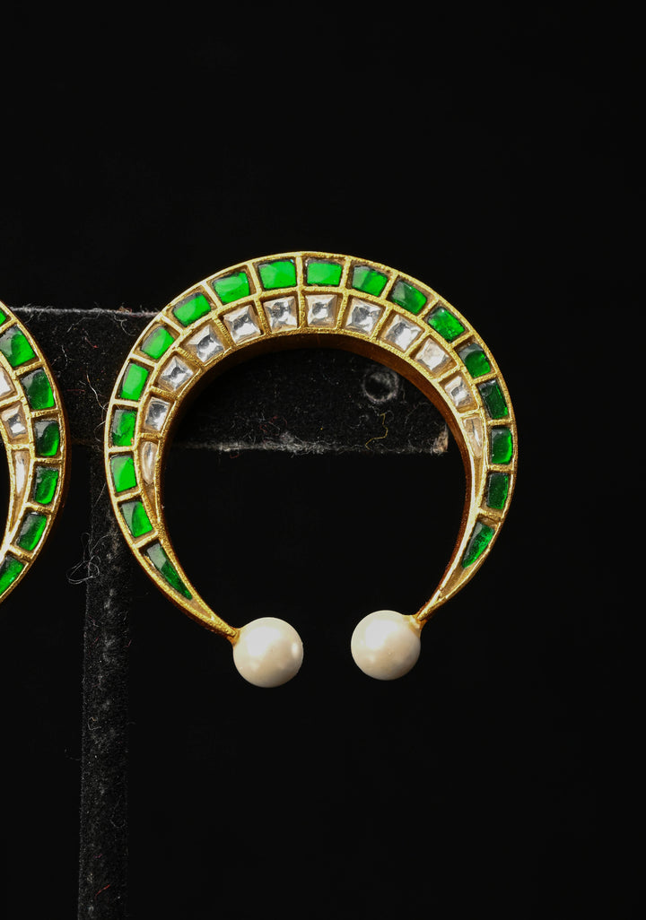 92.5 Silver Sithun Kundan Horse Shoe Crescent Stud Earrings