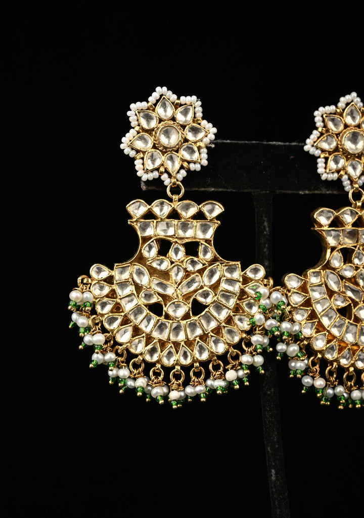 92.5 Pure Silver, Gold-Plated Polki Chandbali Earrings with Pearls and Green Beads