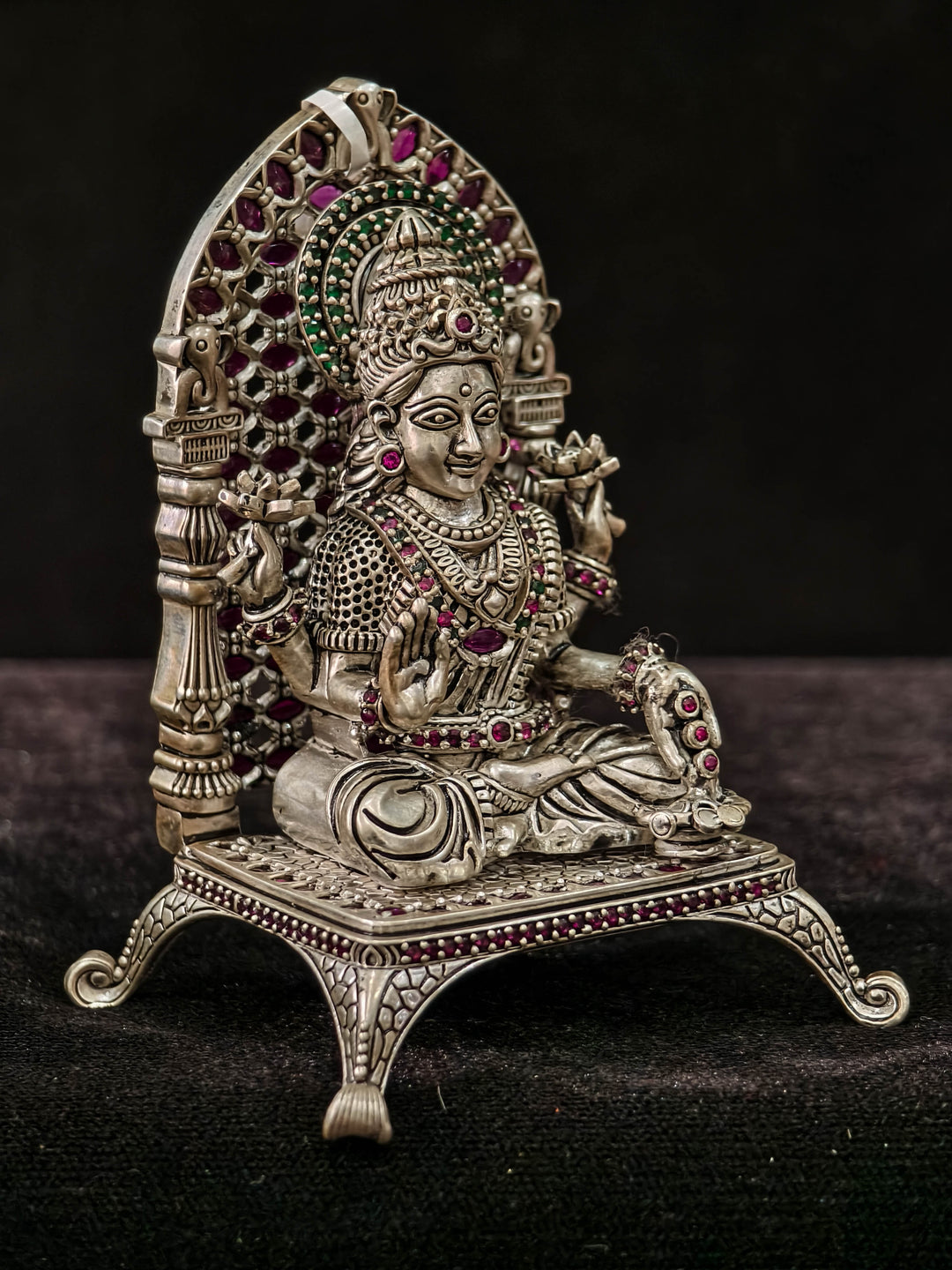 Pure 92.5 Silver Goddess Lakshmi 3D Idol with Stones Ornate Throne, 145 grams