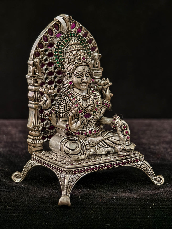 Pure 92.5 Silver Goddess Lakshmi 3D Idol with Stones Ornate Throne, 145 grams