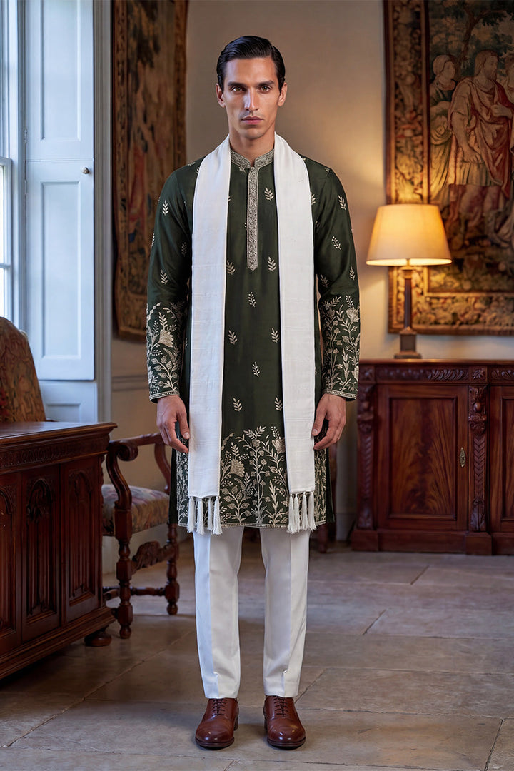 Men Olive Chanderi Silk Solid Embroidered Straight Kurta Trouser with Dupatta  | SHOBITAM