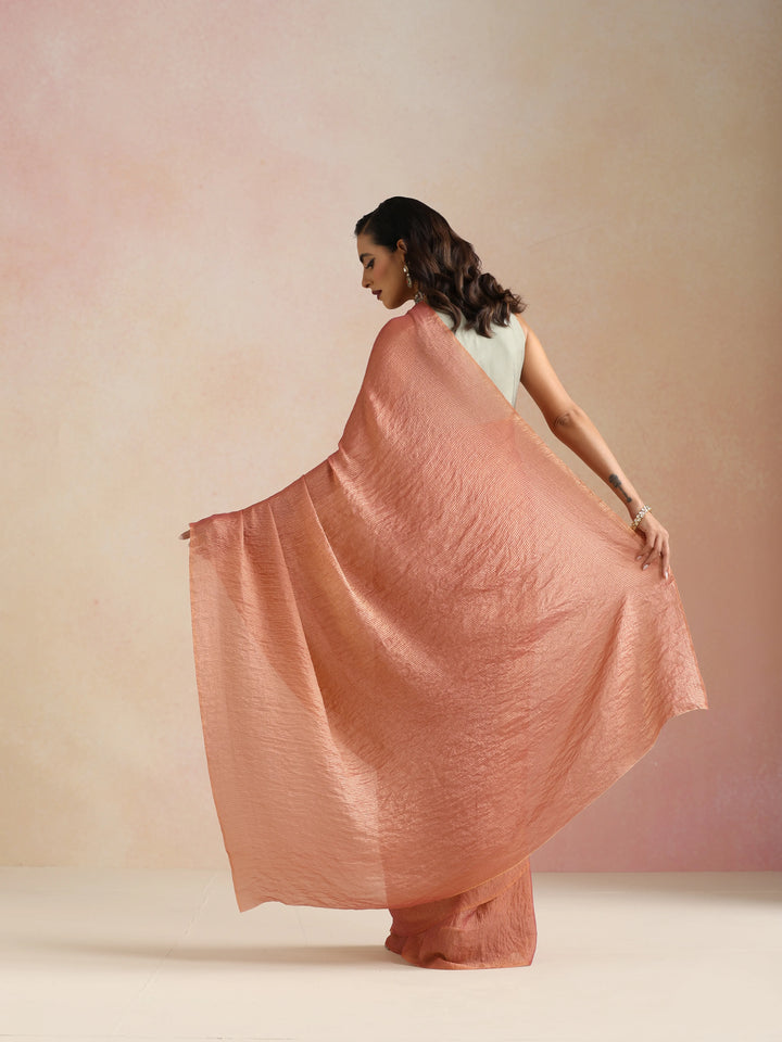 Peach Copper Tissue Saree With Unstitched Blouse | SHOBITAM