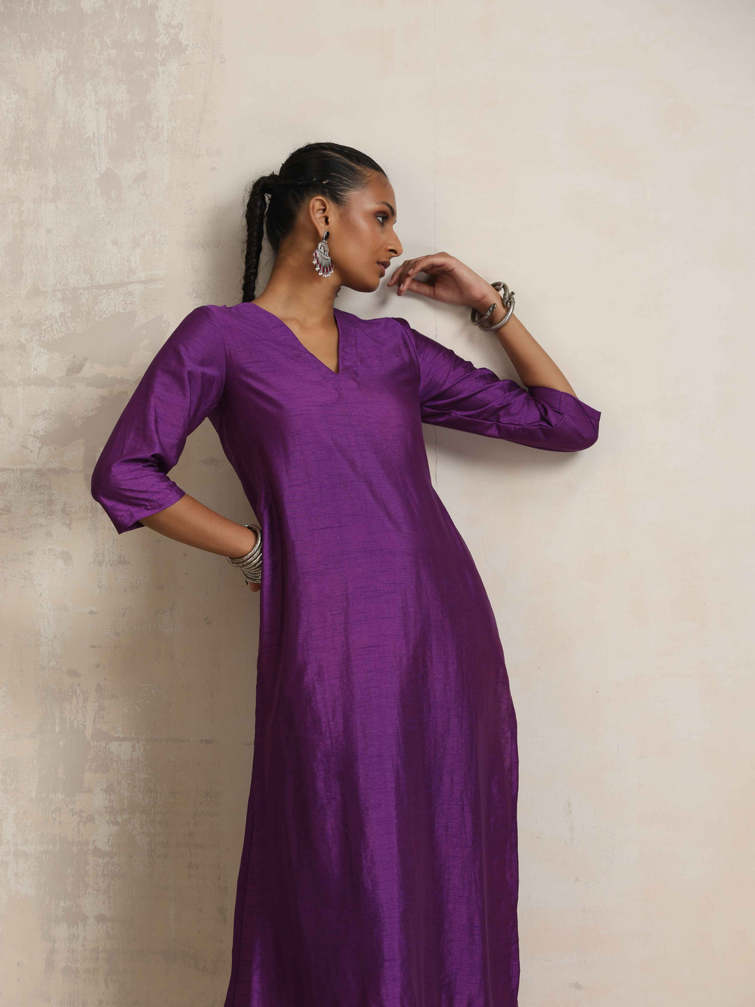 Purple Silk High Slit Kurta Set | SHOBITAM