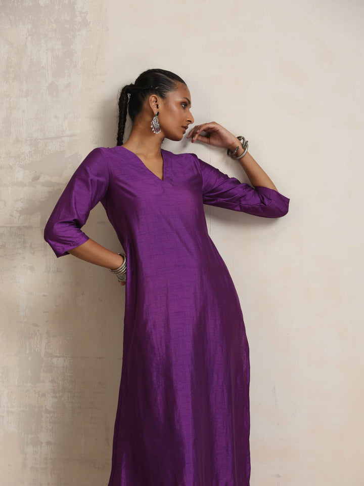 Purple Silk High Slit Kurta Set | SHOBITAM
