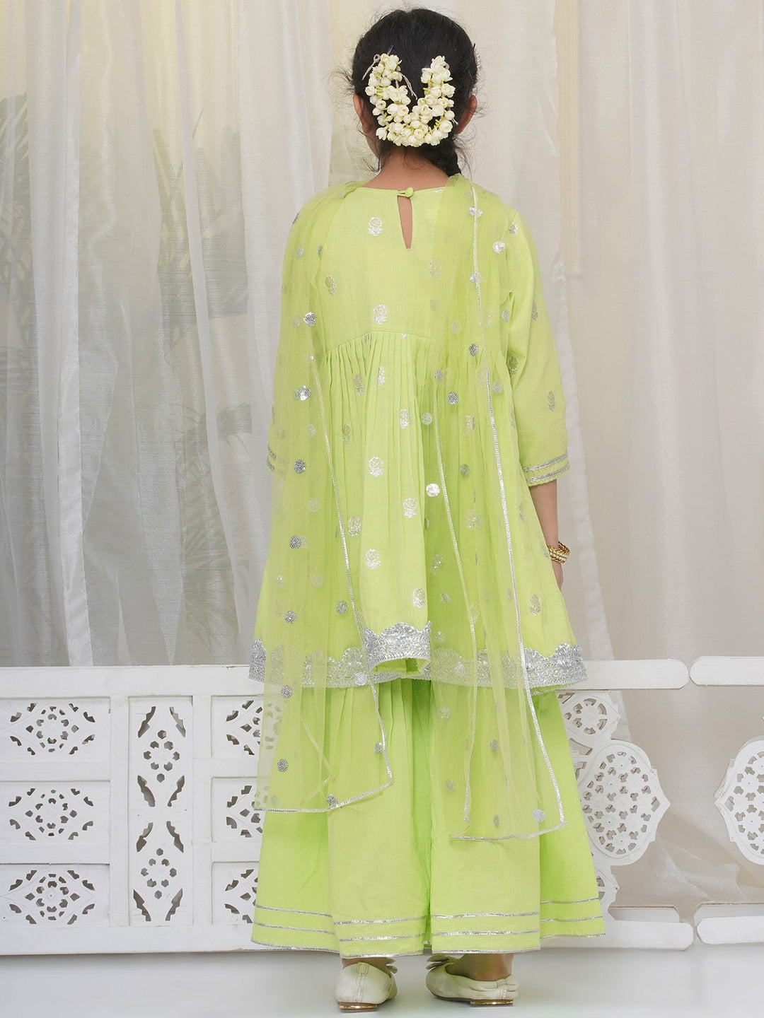 Girls Cotton Three Fourth Sleeves Frock Style Kurta with Sharara and Net Dupatta with Rose & Petal Design Zari work -Green | SHOBITAM