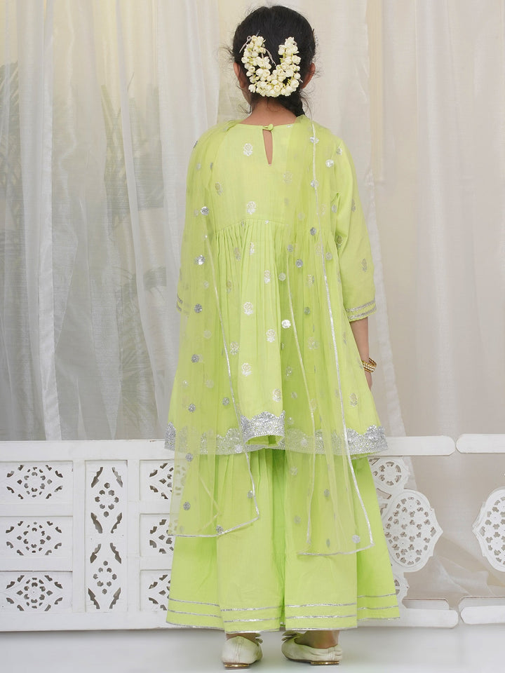 Girls Cotton Three Fourth Sleeves Frock Style Kurta with Sharara and Net Dupatta with Rose & Petal Design Zari work -Green | SHOBITAM