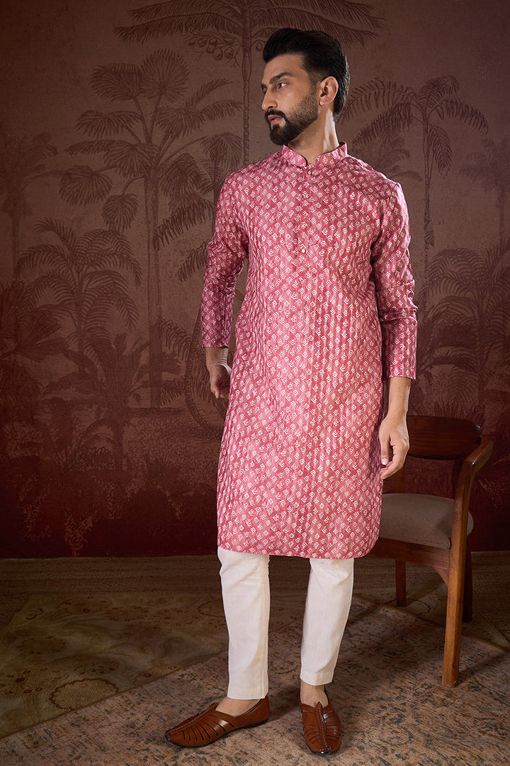 Pink Silk Blend Ethnic Motifs Printed Straight Kurta For Men | SHOBITAM