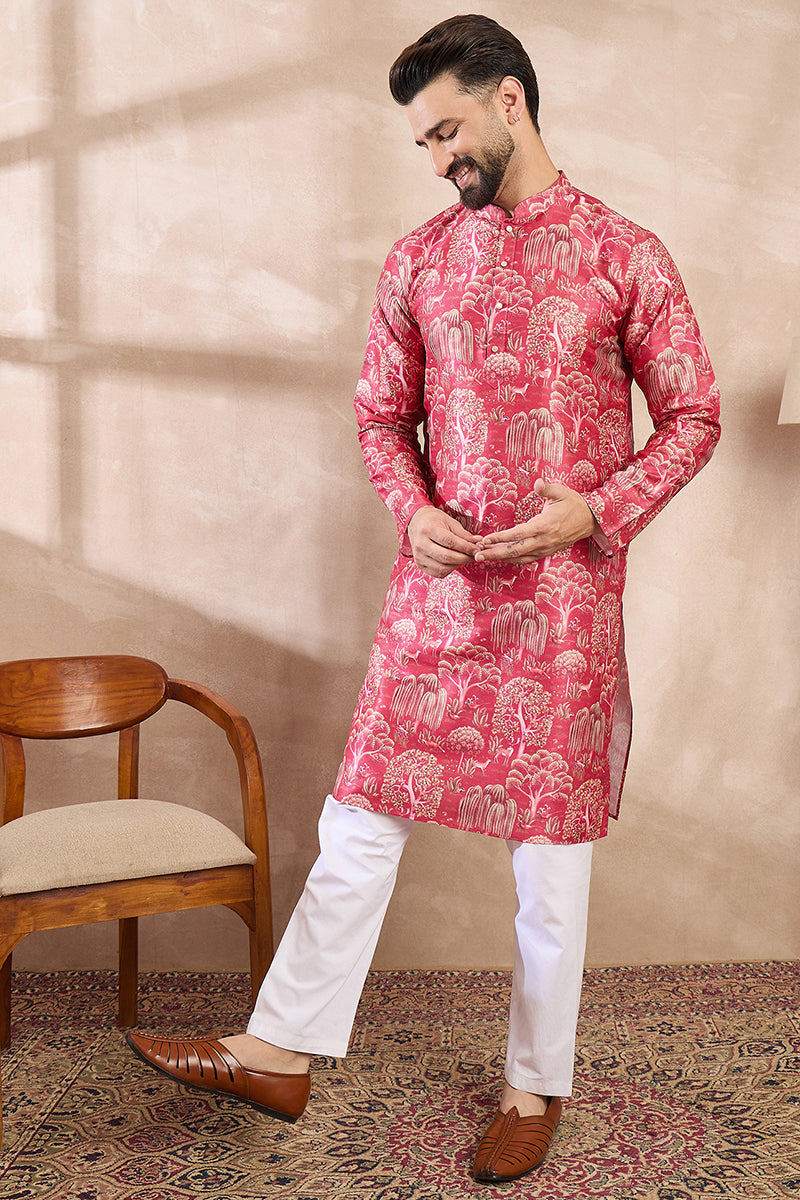 Pink Silk Blend Abstract Printed Straight Kurta For Men | SHOBITAM
