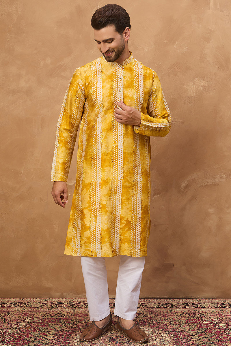 Yellow Silk Blend Shibori Embroidered Straight Kurta | SHOBITAM