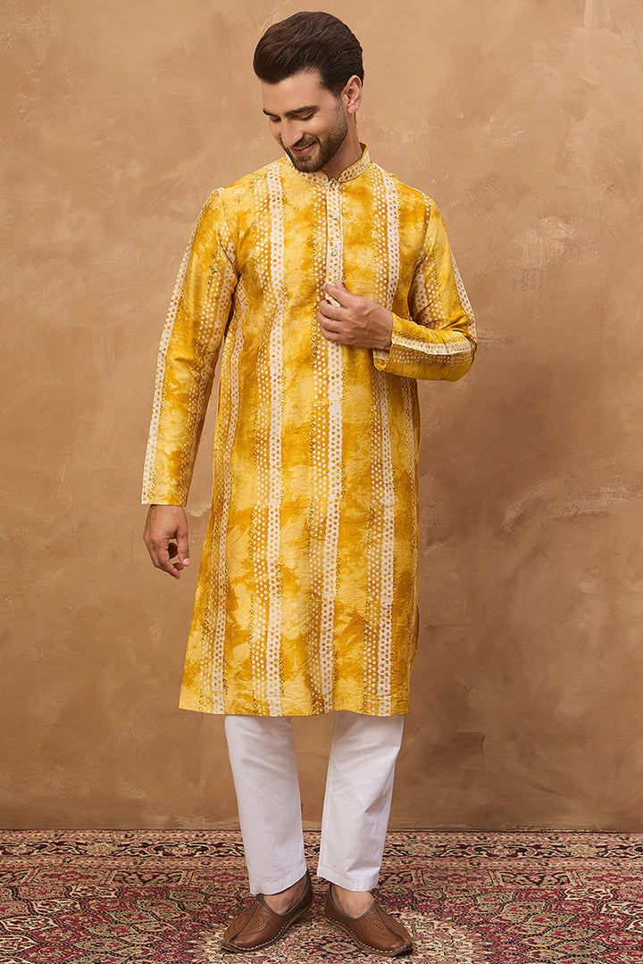 Yellow Silk Blend Shibori Embroidered Straight Kurta | SHOBITAM