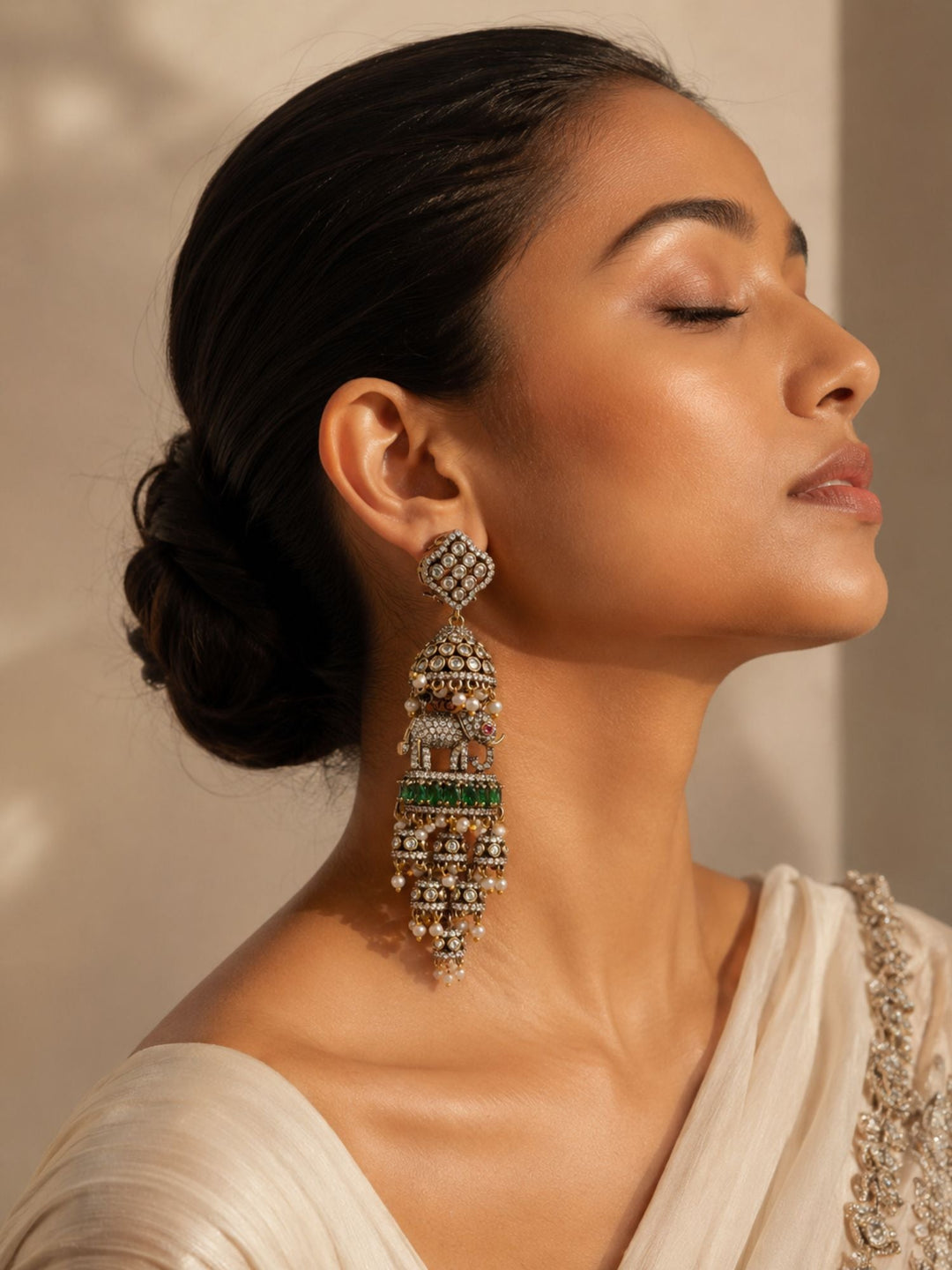 Elephant Pearl Green Jhumka Earrings | SHOBITAM