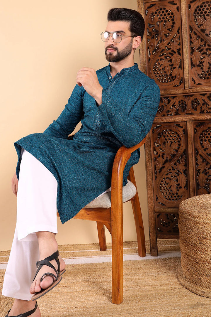 Teal Viscose Rayon Solid Embroidered Straight Kurta For Men| SHOBITAM