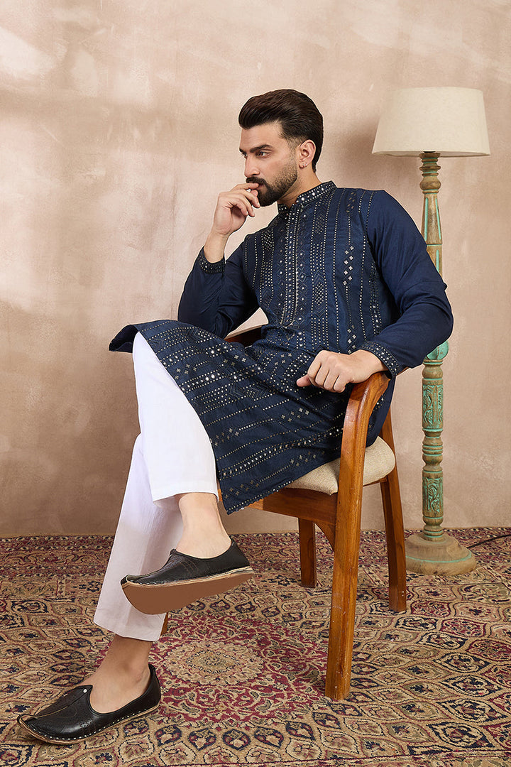 Blue Silk Blend Geometric Embroidered Straight Kurta For Men | SHOBITAM