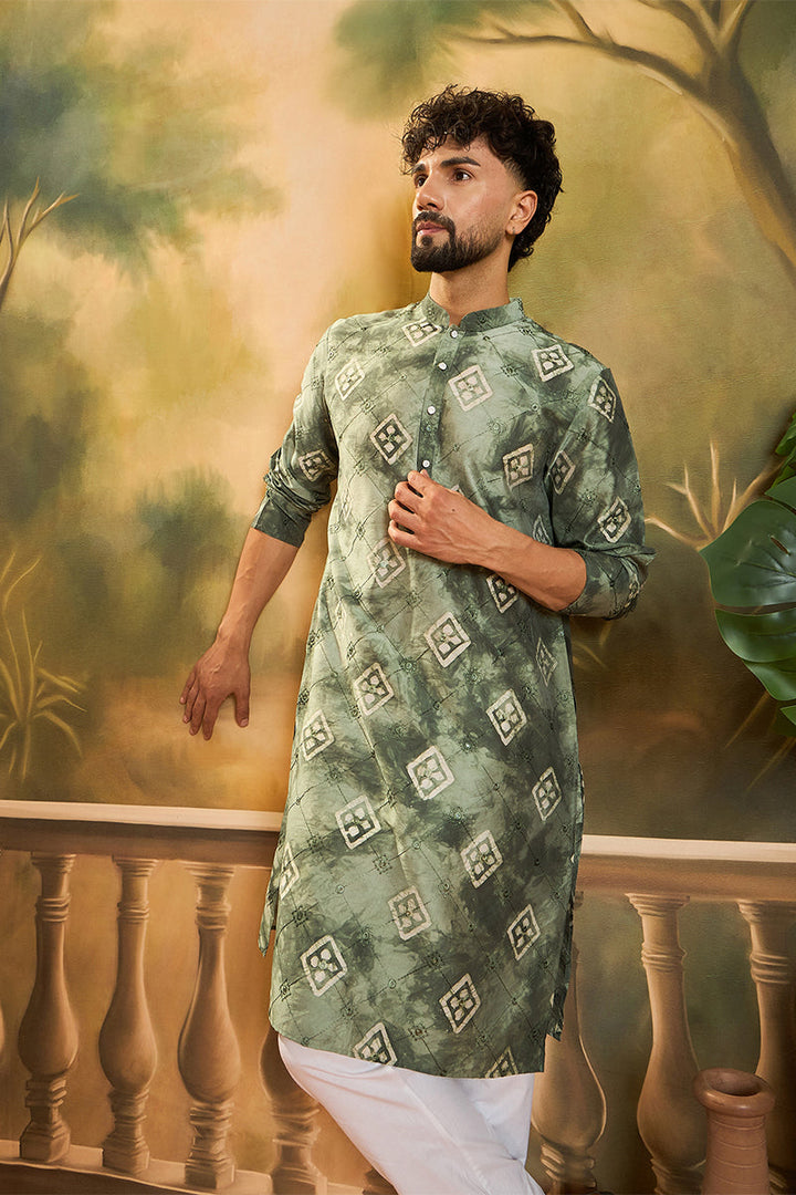 Green Silk Blend Batik Embroidered Straight Kurta with Trouser | SHOBITAM