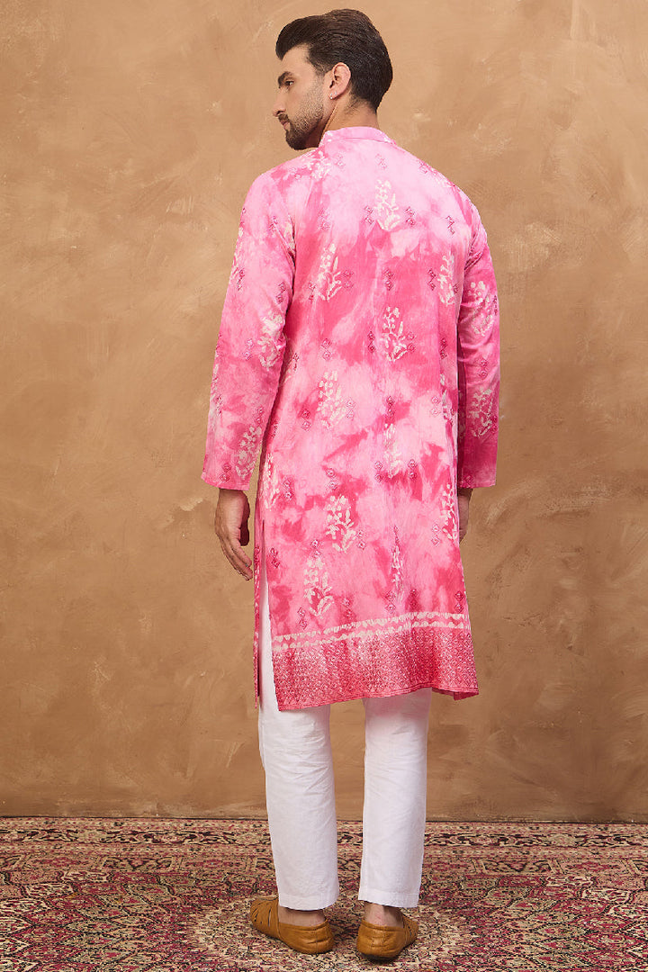 Pink Silk Blend Batik Embroidered Straight Kurta  | SHOBITAM