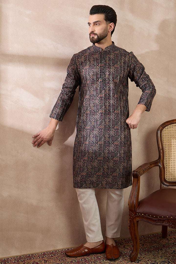 Black Silk Blend Printed Mandarin Collar Straight Kurta With Trouser | SHOBITAM